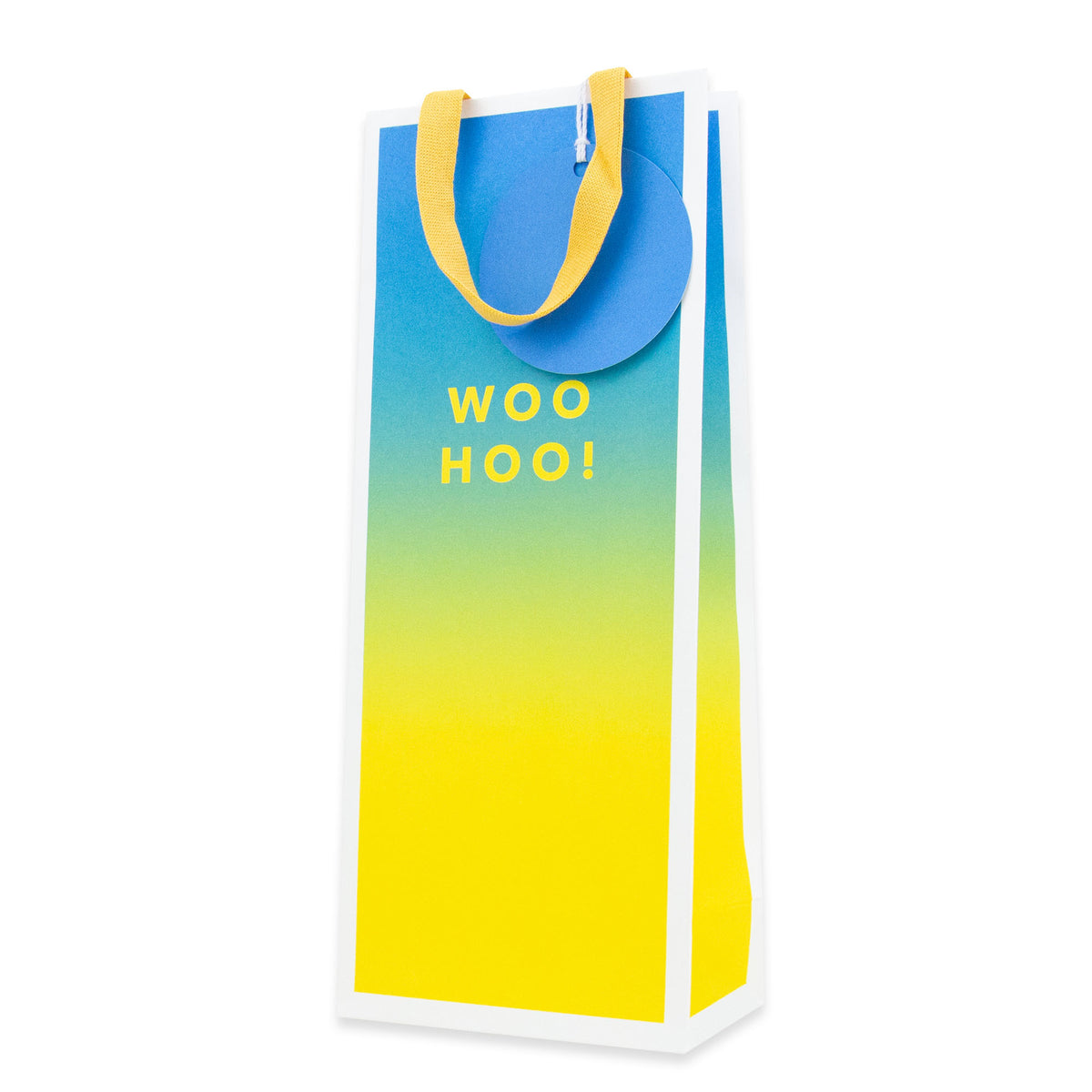 A tall gift bag with a blue-to-yellow gradient design and yellow handles, featuring the text 'WOO HOO!' printed on the front, set against a plain white background.