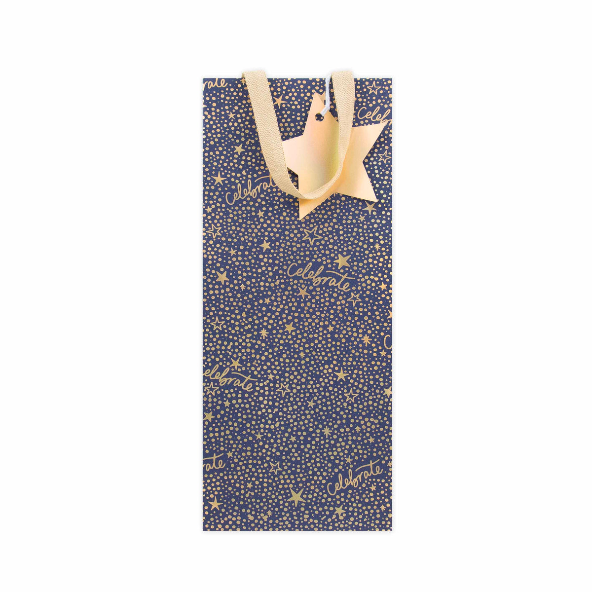A tall navy blue gift bag decorated with gold stars and confetti, featuring a gold star-shaped tag with a ribbon handle on a plain white background.