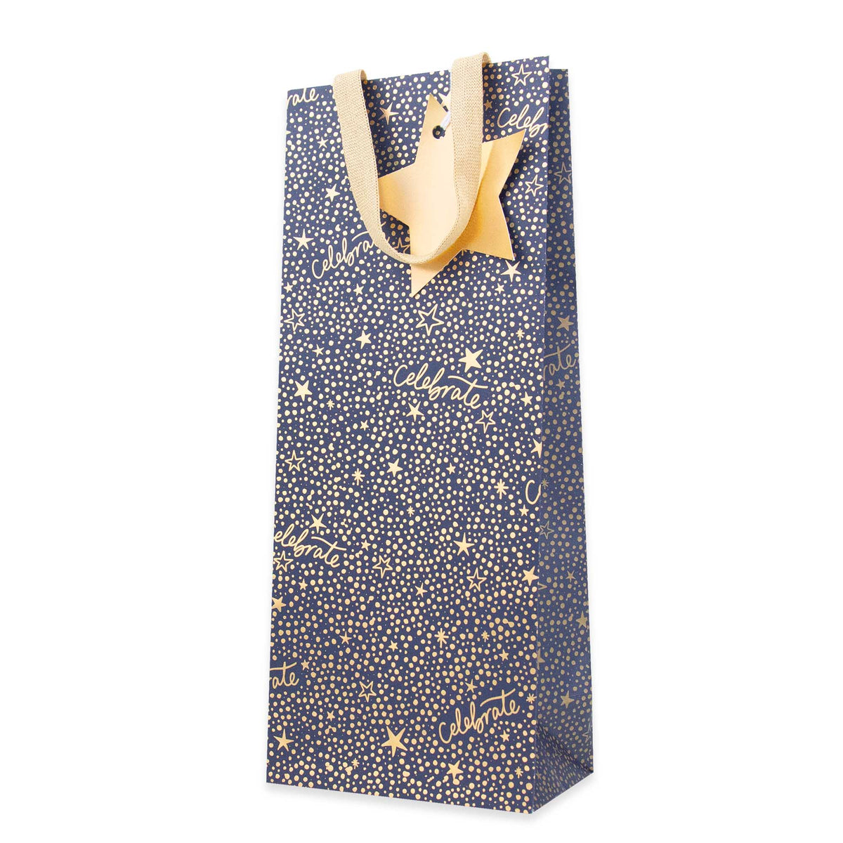 A tall navy blue gift bag decorated with gold stars and confetti, featuring gold script text and a gold star-shaped handle.