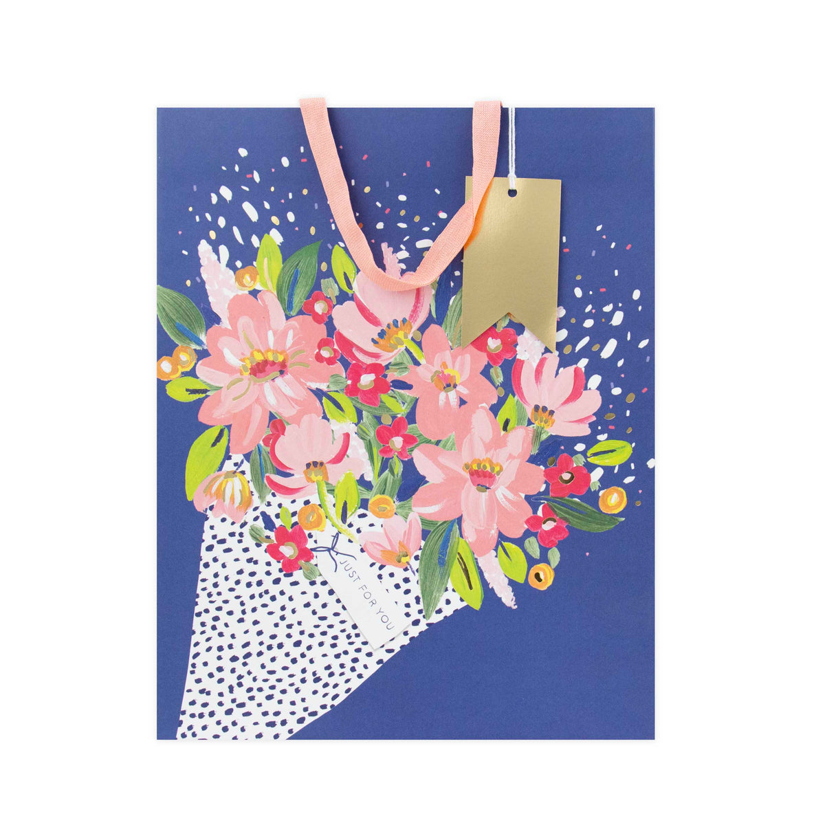 A square blue greeting card or art print featuring a colorful floral bouquet illustration with pink, red, green, and yellow flowers, a white polka-dot cone, and a gold hanging tag on a blue background.