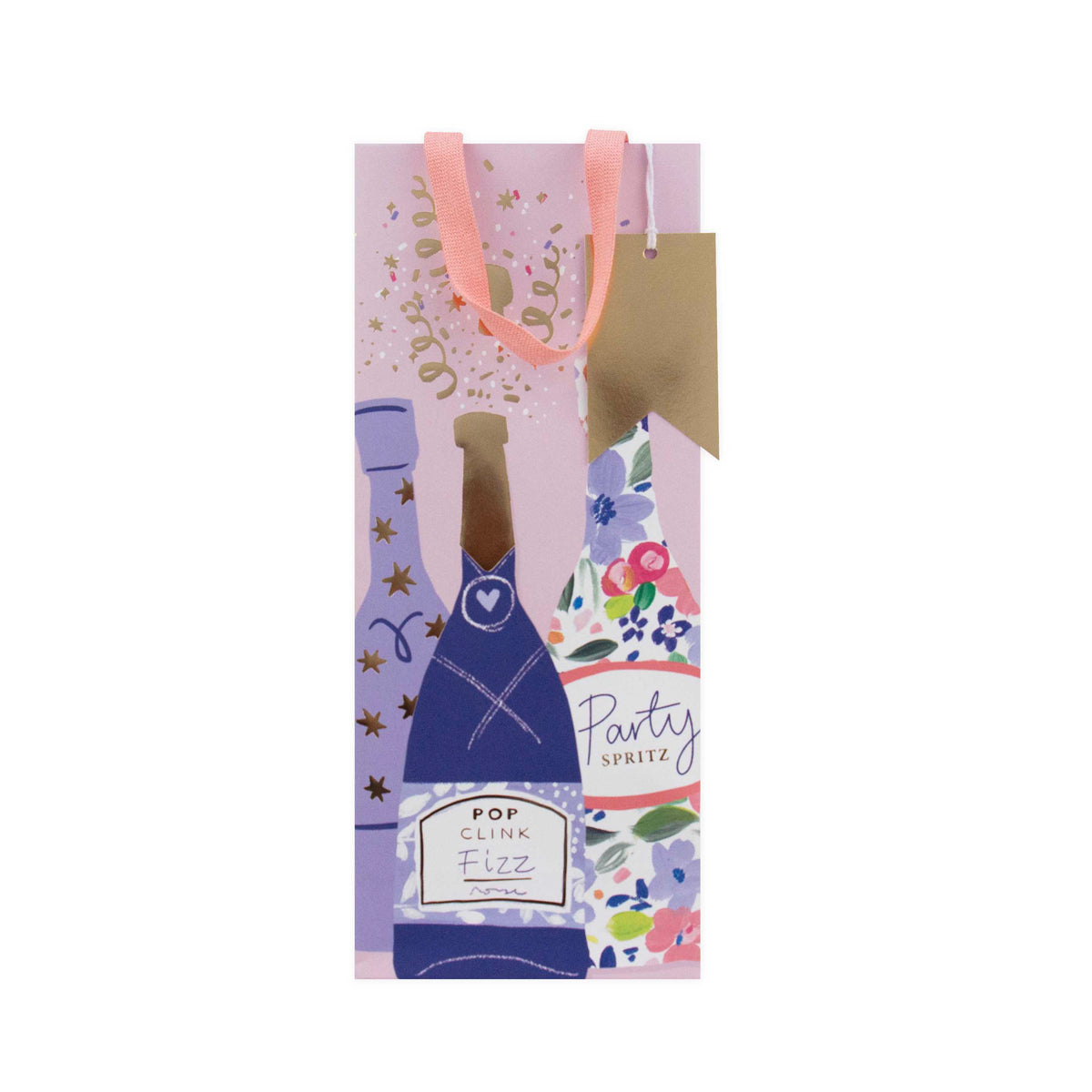 A decorative gift bag featuring an illustration of champagne bottles, floral patterns, and pink and gold ribbon handles on a white background.