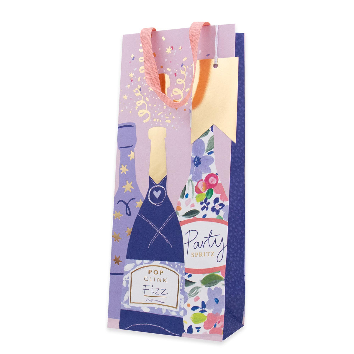 A decorative paper gift bag featuring a purple and blue champagne bottle illustration, floral patterns, gold foil stars, and the text 'Party Visit' and 'Pop Clink Fizz'.