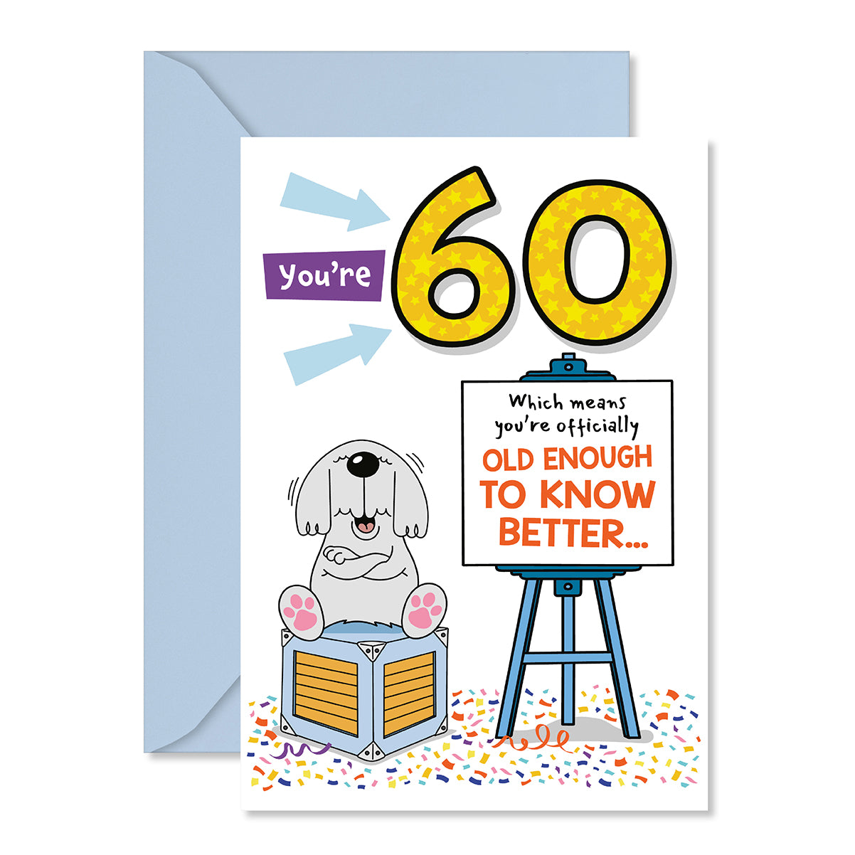 Hallmark 60th Birthday Card - Officially Old Enough featuring a cartoon dog and vibrant text on a flat lay with confetti details.