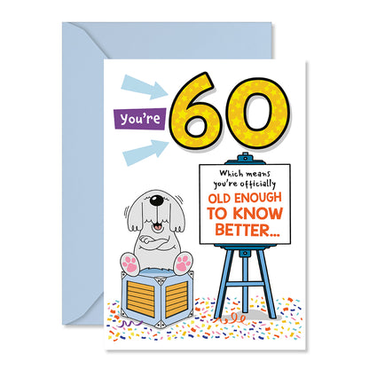 Hallmark 60th Birthday Card - Officially Old Enough featuring a cartoon dog and vibrant text on a flat lay with confetti details.