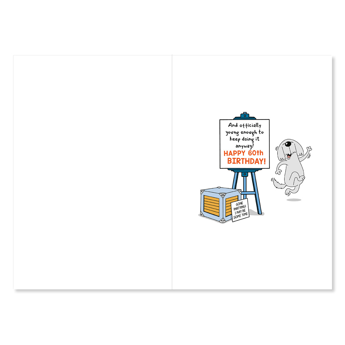 Hallmark 60th Birthday Card - Officially Old Enough, inside view featuring cartoon dog and birthday sign with colourful graphics.