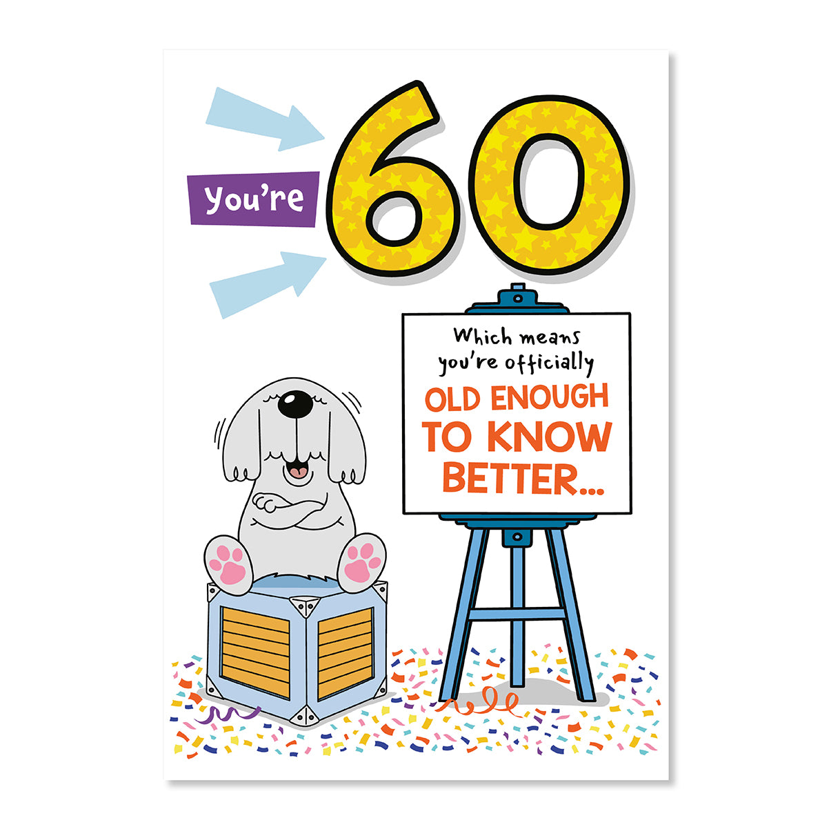 Hallmark 60th Birthday Card - Officially Old Enough, humorous design featuring cartoon dog, colourful balloons, and confetti.