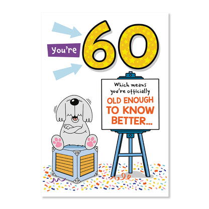 Hallmark 60th Birthday Card - Officially Old Enough, humorous design featuring cartoon dog, colourful balloons, and confetti.