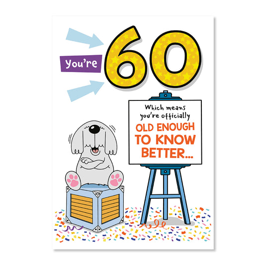 Hallmark 60th Birthday Card - Officially Old Enough, humorous design featuring cartoon dog, colourful balloons, and confetti.