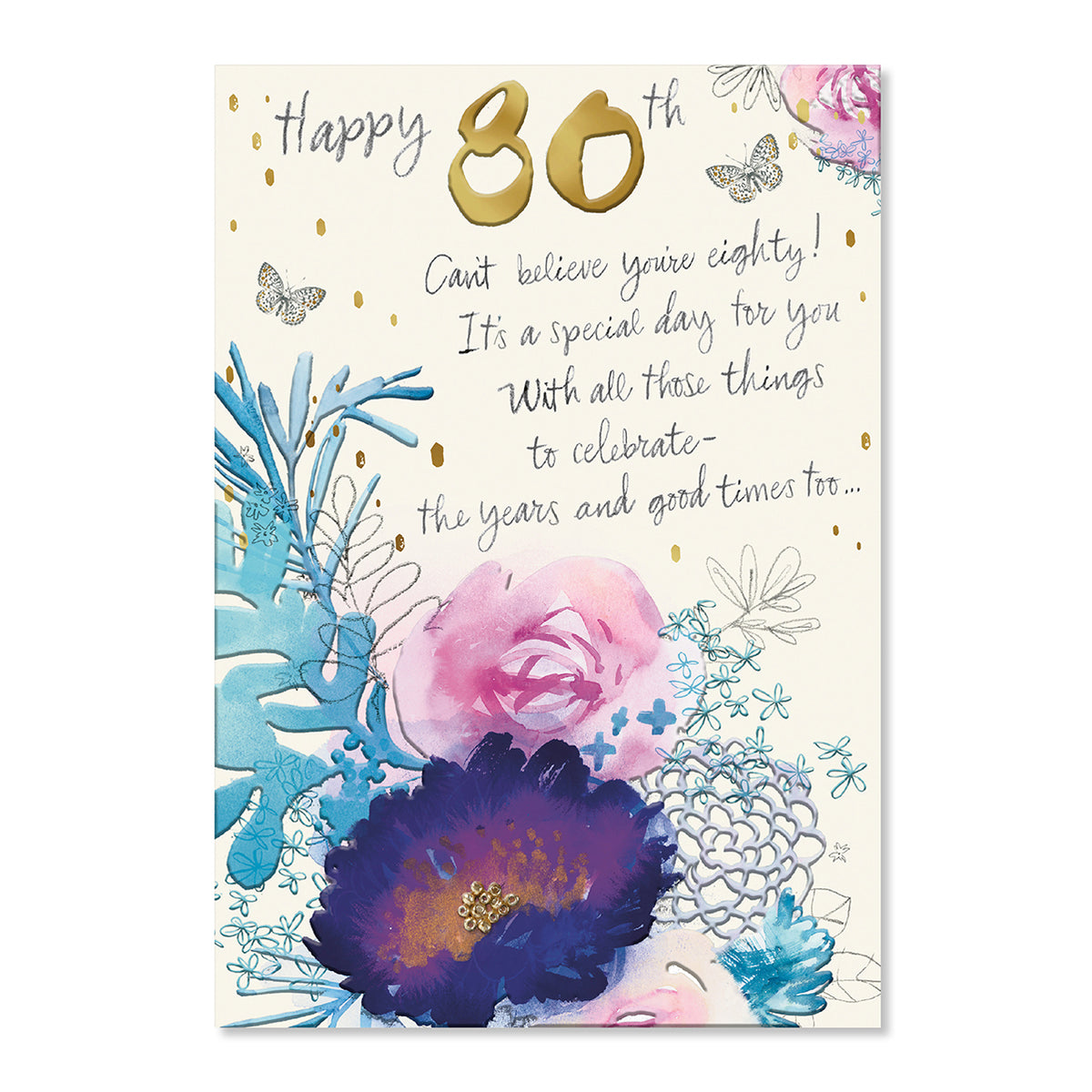 An 80th birthday greeting card with a cream background, featuring the text 'Happy 80th' in gold and black script, a celebratory message, and watercolor-style floral illustrations in pink, purple, and blue with gold confetti accents.