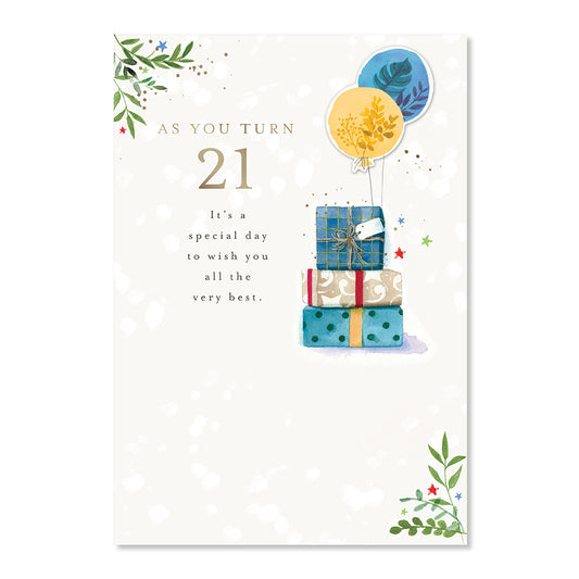 Hallmark 21st Birthday Card - Great Time featuring gifts and balloons with a special birthday message.