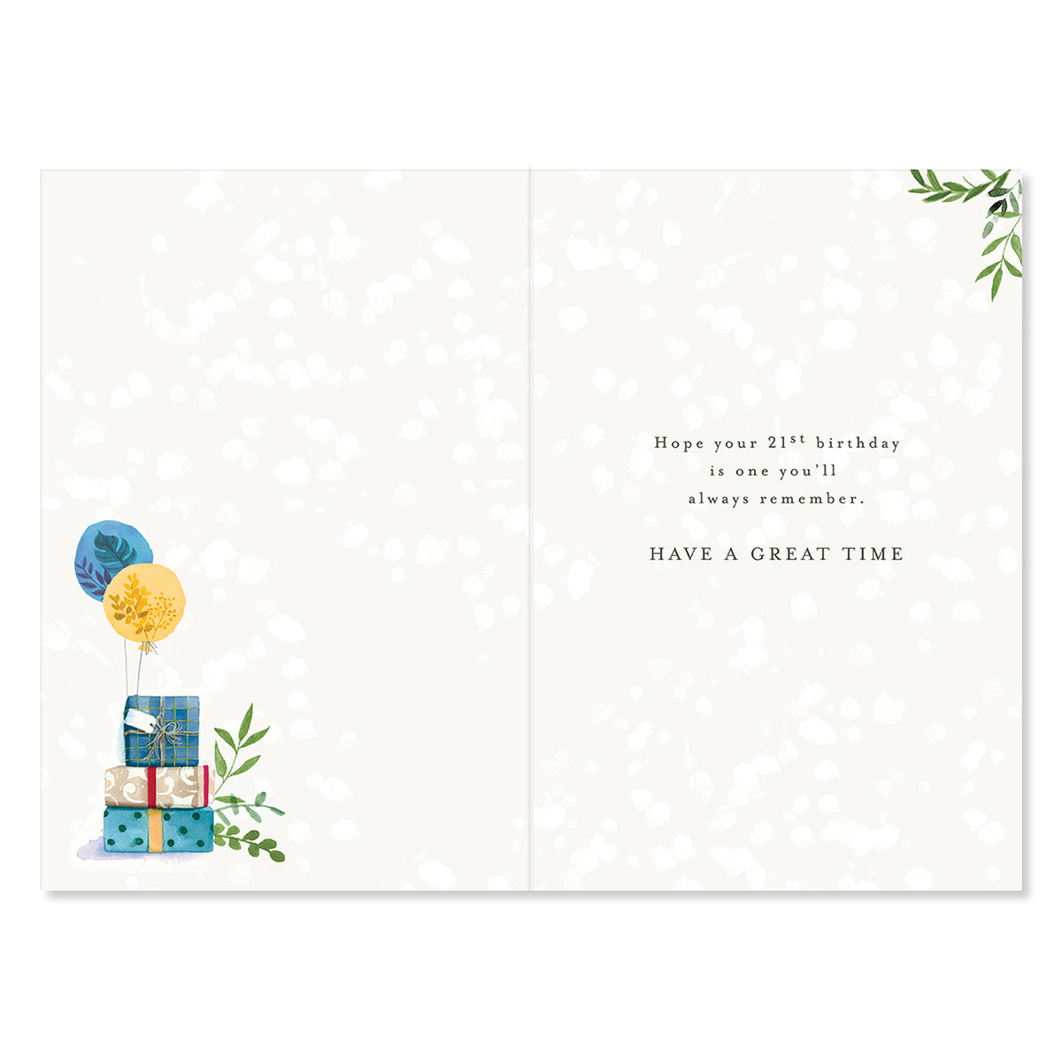 An open greeting card with a light cream background and subtle floral pattern. The left side shows a stack of wrapped presents with blue and yellow balloons and green leaf accents, while the right side has a short message that reads, 'Hope your 21st birthday is one you'll always remember.