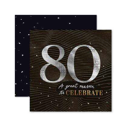 An 80th birthday card with a black and gold wavy pattern background, featuring a large silver '80' and the text 'A great reason to CELEBRATE' in white and gold. A second card with a black starry pattern is partially visible behind it on a white background.