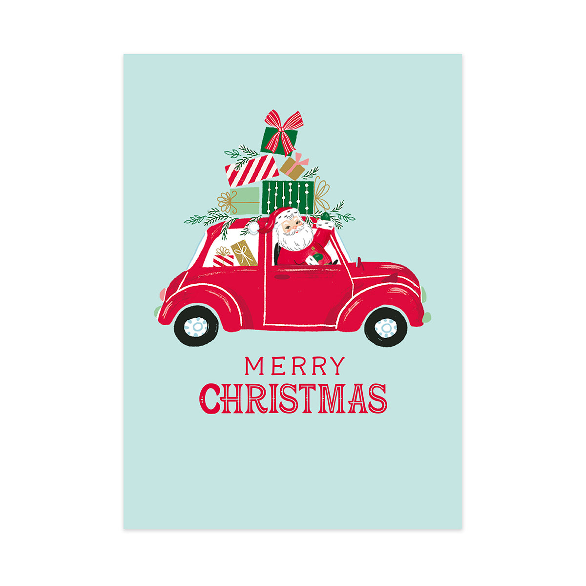 A vertical Christmas greeting card or print with a light aqua background, featuring an illustration of Santa driving a red car loaded with wrapped gifts and greenery, with the words “MERRY CHRISTMAS” below.