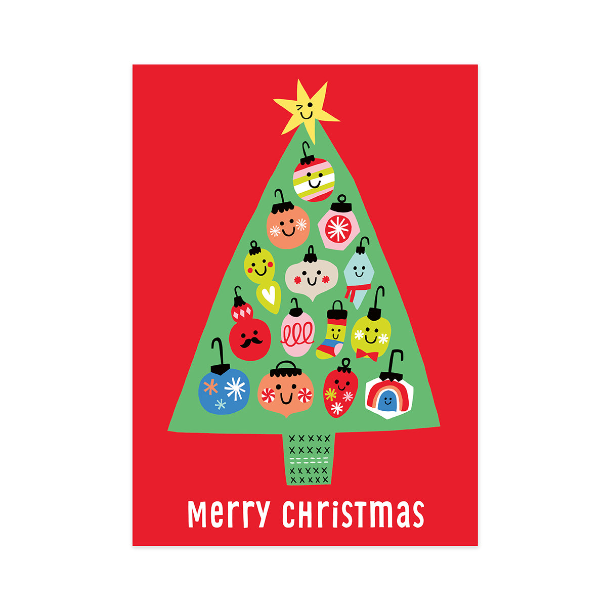 A festive Christmas greeting card featuring a green Christmas tree silhouette decorated with colorful cartoon ornaments and a yellow star, set against a red background with the text 'Merry Christmas' in white at the bottom.