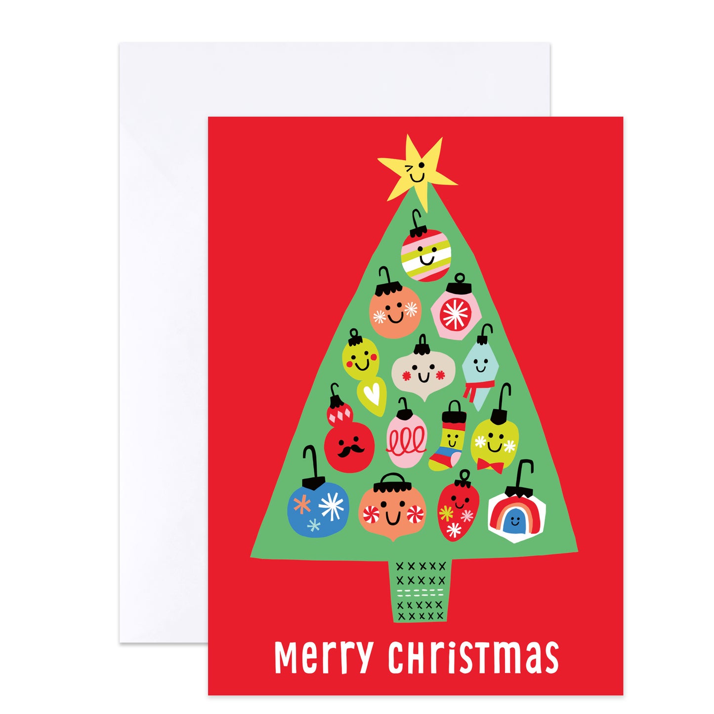 A festive Christmas greeting card with a red background, a green Christmas tree made of colorful hanging ornaments, and the words 'Merry Christmas' at the bottom, shown with a white envelope behind it.