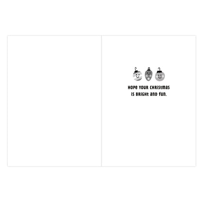 A minimalist greeting card design with a large blank white left panel and a small right panel featuring three black-and-white ornament illustrations above the text 'HOPE YOUR CHRISTMAS IS BRIGHT AND FUN.'.