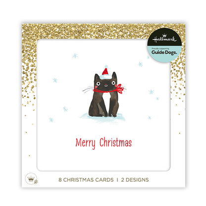 Hallmark Christmas cards package featuring a black cat illustration wearing a red Santa hat and scarf on a white card with gold glitter-style borders and the text 'Merry Christmas' and '8 Christmas Cards 1 Designs'.
