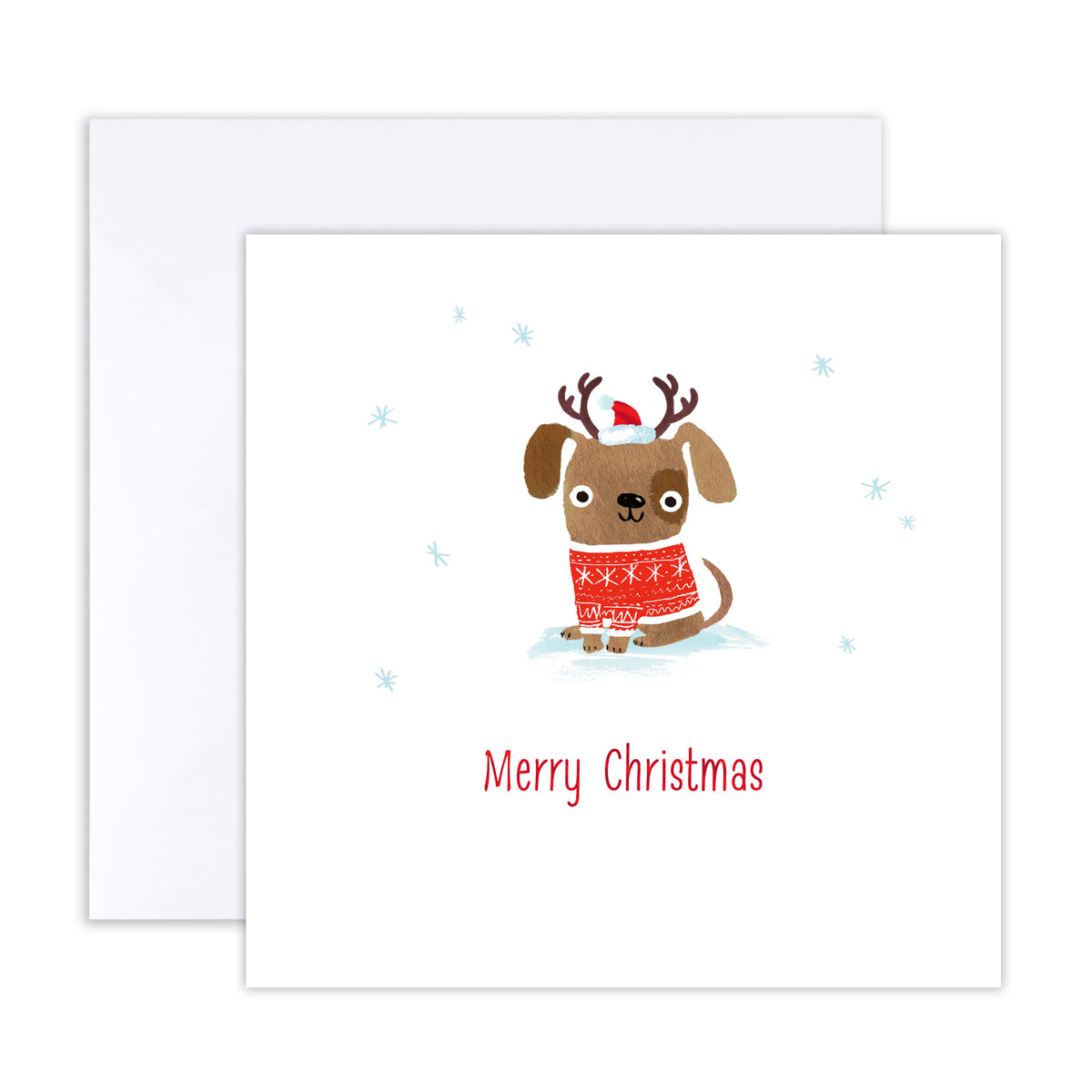 A square Christmas greeting card with a white envelope behind it. The card features a cute cartoon brown dog wearing a red knit sweater and a Santa hat, with the words 'Merry Christmas' printed below in red.