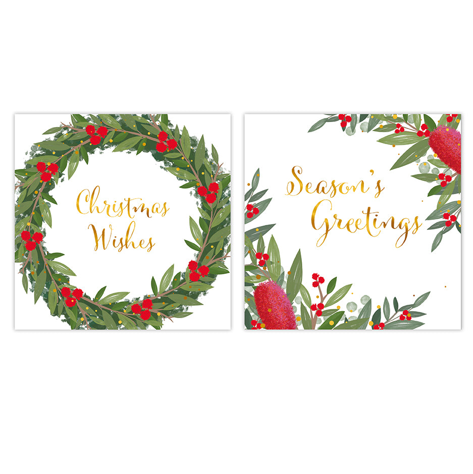 Two square holiday greeting cards with botanical borders. The left card says "Christmas Wishes" in gold script inside a green wreath with red berries.