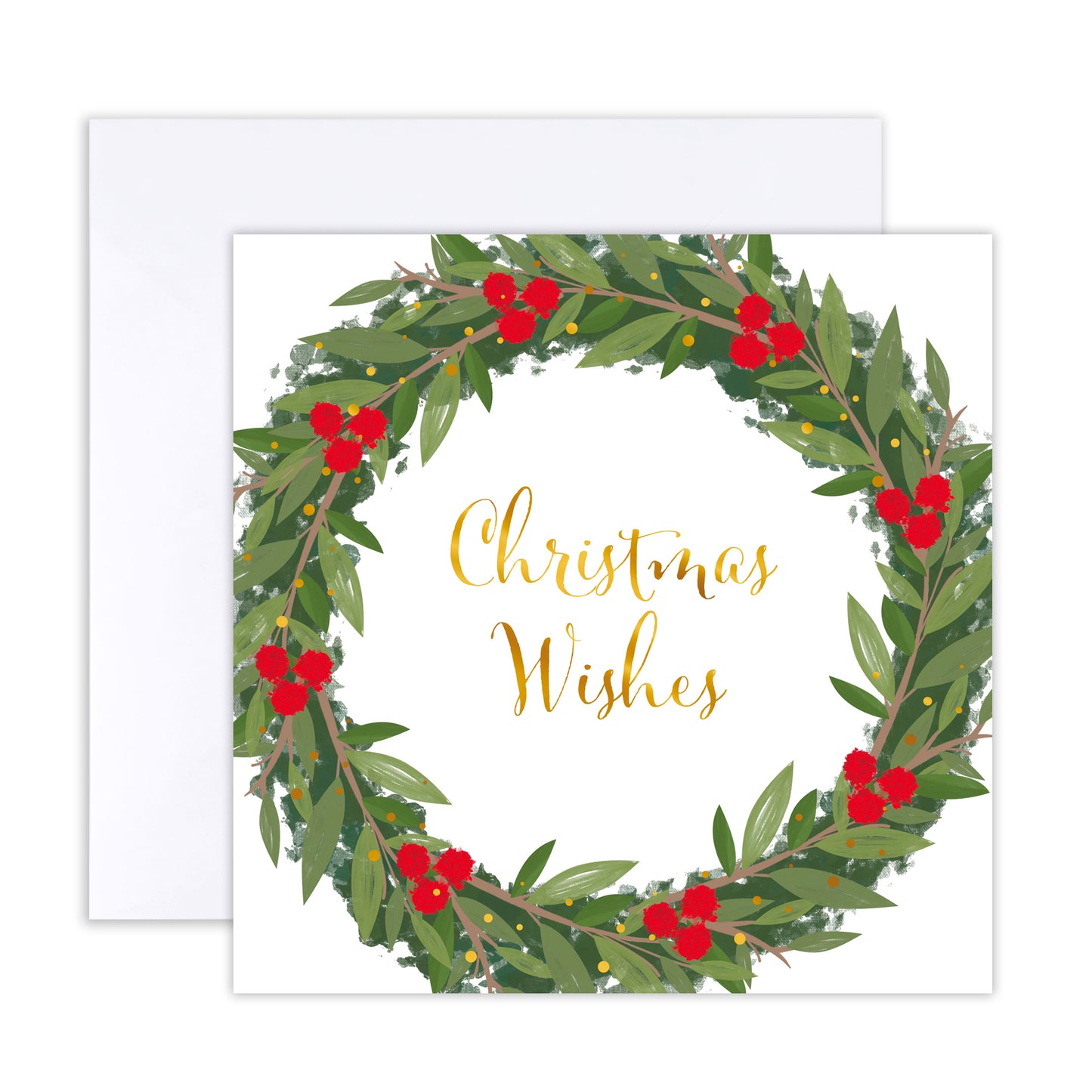 A square Christmas greeting card with a watercolor-style green wreath, red berries, and gold script reading 'Christmas Wishes,' shown with a white envelope behind it on a light gray background.