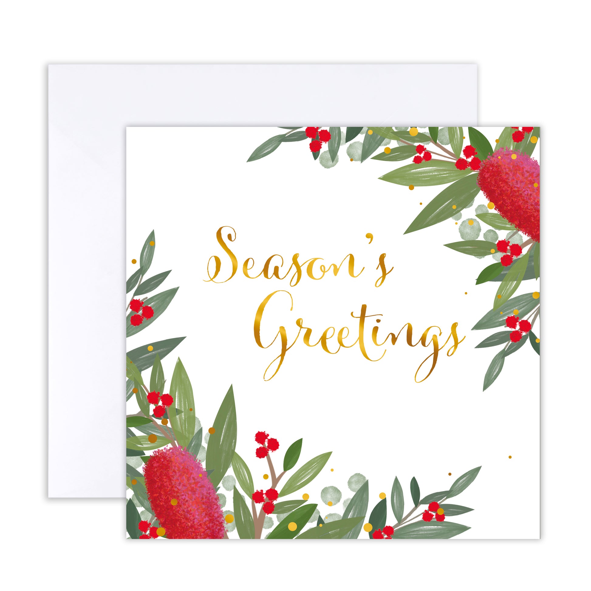 A square greeting card with a white envelope behind it. The card has a white background with the words 'Season's Greetings' in gold script, surrounded by watercolor-style green leaves, red berries, and red fluffy flowers.