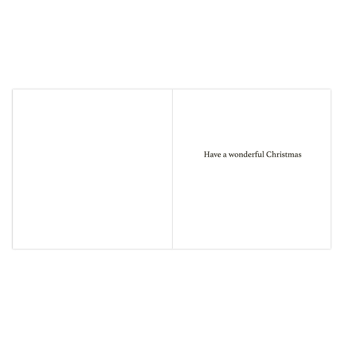 A blank greeting card shown from the back, with a thin black border, a vertical center fold line, and the text 'Have a wonderful Christmas' printed in black serif font on the right side.