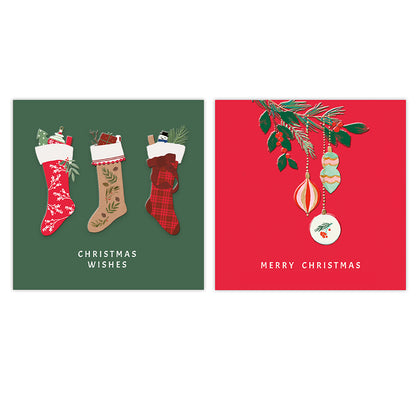 Two square Christmas greeting cards shown side by side on a white background. The left card has a dark green background with three illustrated Christmas stockings and the words 'CHRISTMAS WISHES.