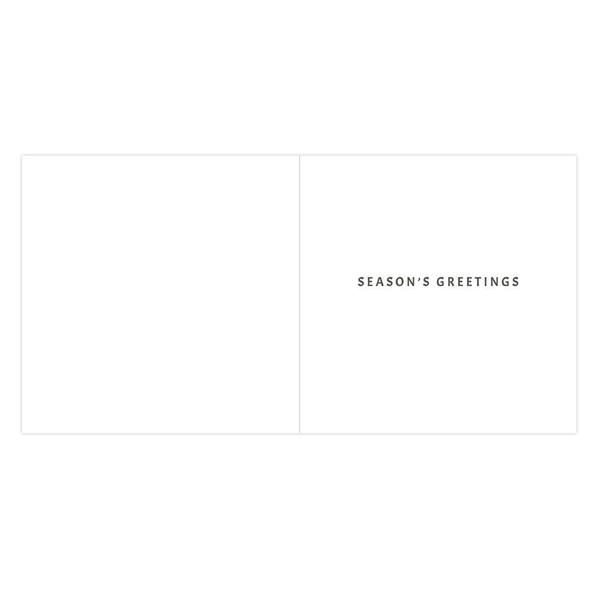 A minimalist white greeting card with a thin double border and the words 'SEASON'S GREETINGS' printed in small black serif text on the right side.