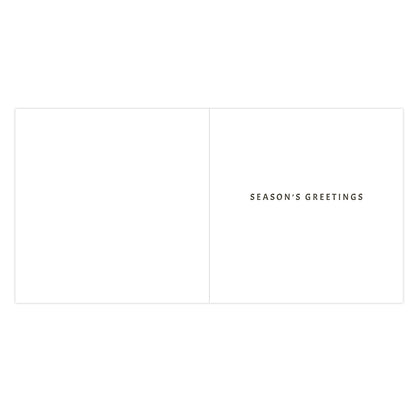 A minimalist white greeting card with a thin double border and the words 'SEASON'S GREETINGS' printed in small black serif text on the right side.