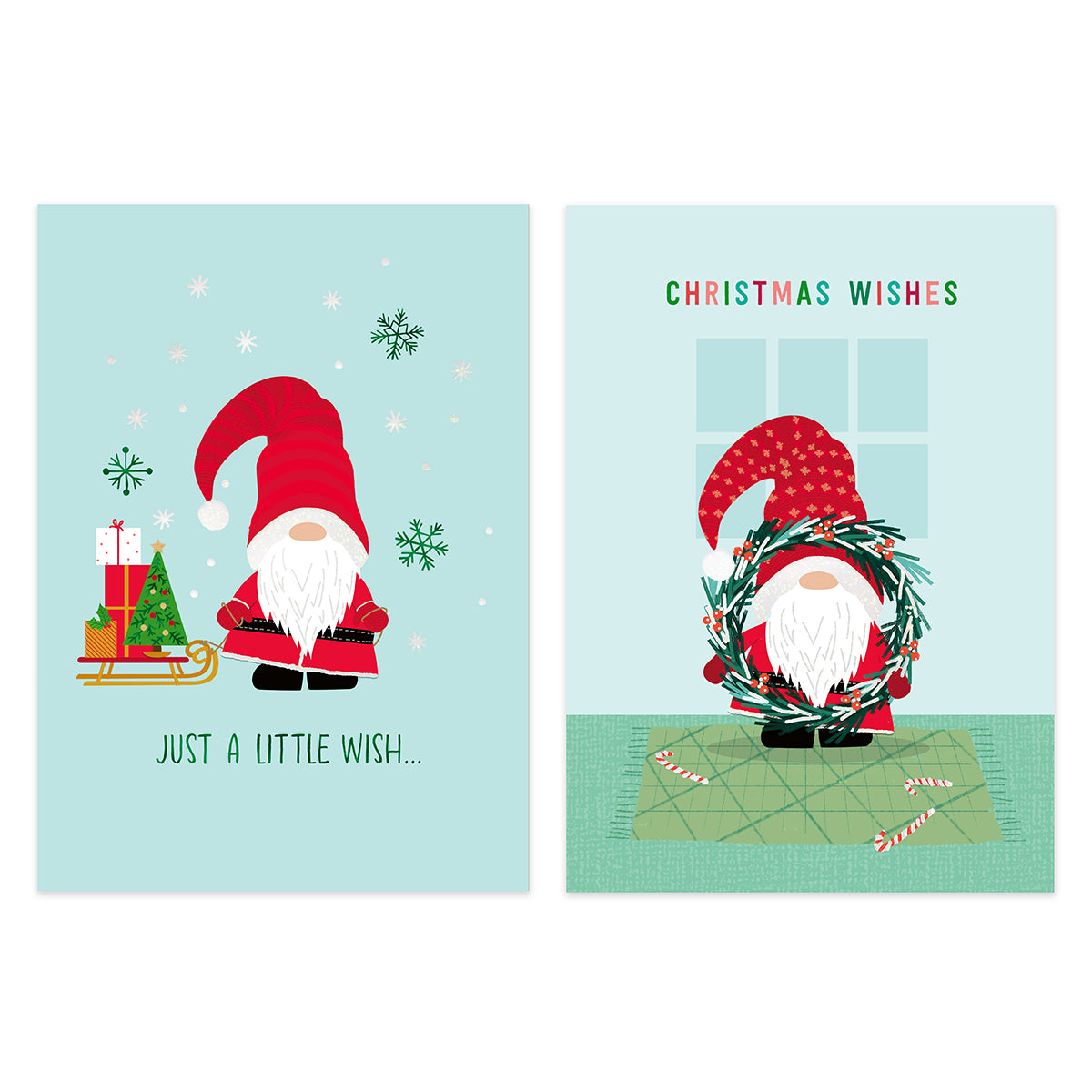 Two Christmas greeting cards shown side by side on a white background. The left card says 'JUST A LITTLE WISH.
