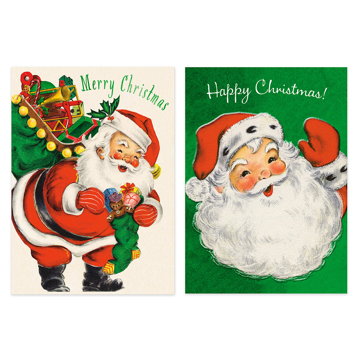 Two vintage-style Christmas greeting cards shown side by side on a white background. The left card has an off-white background and shows Santa Claus carrying a green stocking with gifts, with the text 'Merry Christmas.