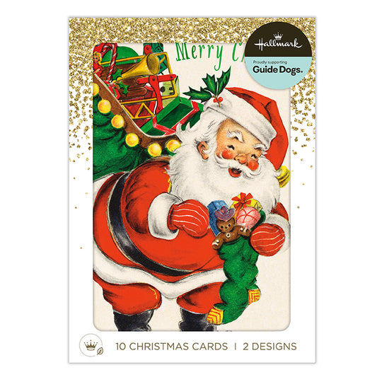 Hallmark Christmas card set featuring a vintage-style illustration of Santa Claus carrying a green stocking with treats, with gold glitter accents and text reading 'Merry Christmas' and '10 Christmas Cards | 2 Designs'.