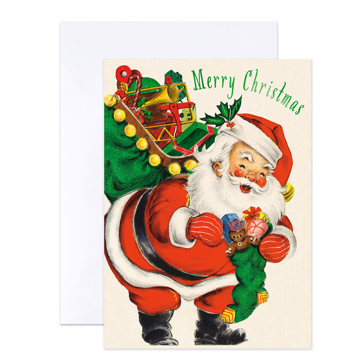 A Christmas greeting card featuring a vintage-style illustration of Santa Claus carrying a sack of gifts and a gingerbread cookie, with the words 'Merry Christmas' in green script. The card is shown with a white envelope behind it on a white background.