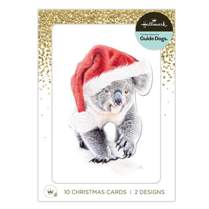 Hallmark Christmas card set featuring a watercolor illustration of a koala wearing a red Santa hat on a white card with a gold glitter border. The package includes 10 Christmas cards in 2 designs.