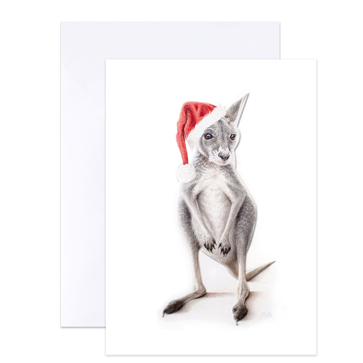 A greeting card featuring a detailed pencil-style illustration of a kangaroo wearing a red Santa hat, shown with a white envelope behind it on a light gray background.