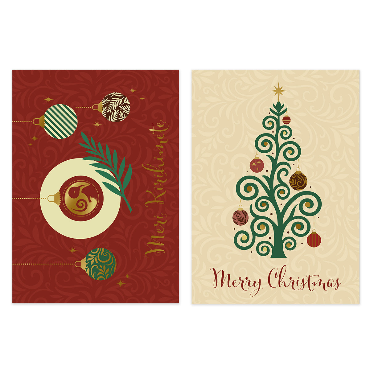 Two Christmas greeting cards shown side by side on a white background. The left card has a dark red background with gold and green ornaments, a green leaf, and the text 'Merry Christmas' in gold script.