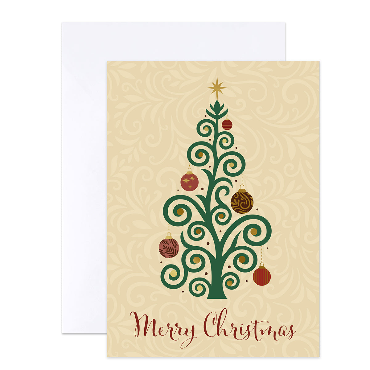 A Christmas greeting card with a beige damask pattern background, featuring a stylized green Christmas tree with gold and red ornaments and the words 'Merry Christmas' at the bottom. A white envelope is partially visible behind the card.