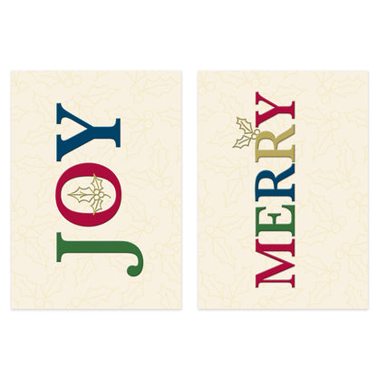Two Christmas greeting cards shown side by side on a white background. The left card says "JOY" in large decorative letters, and the right card says "MERRY" with holly accents.