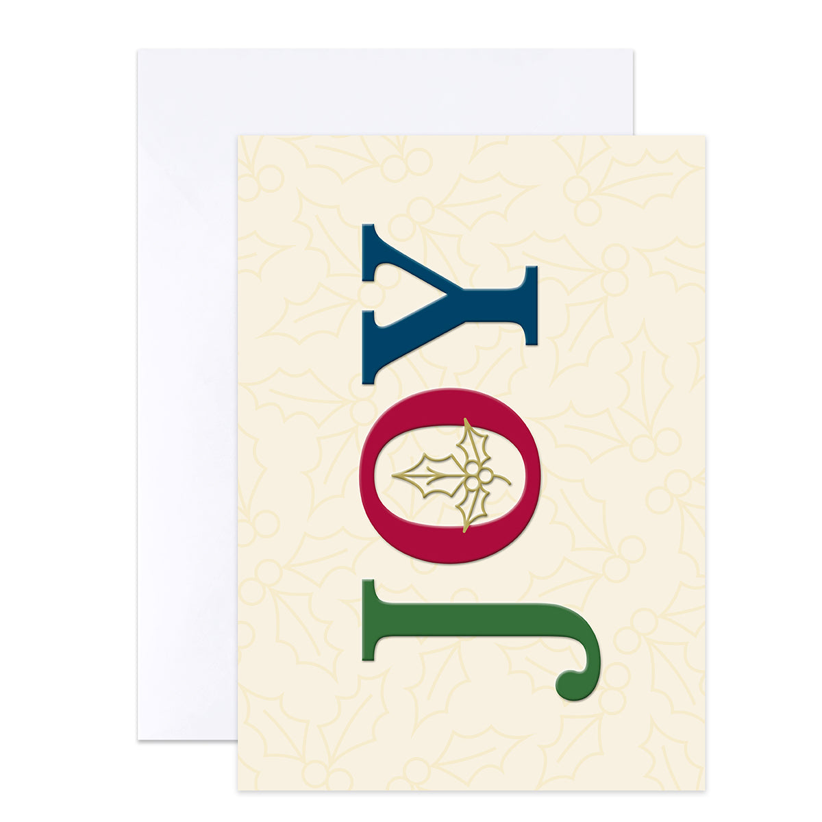 A vertical Christmas greeting card with the word 'JOY' spelled out in large letters. The 'J' is blue, the 'O' is a red oval with a gold holly leaf design inside, and the 'Y' is green.