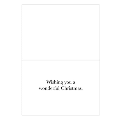 A minimalist Christmas greeting card with a blank white upper section and the text 'Wishing you a wonderful Christmas.' in black serif font on a white lower section.