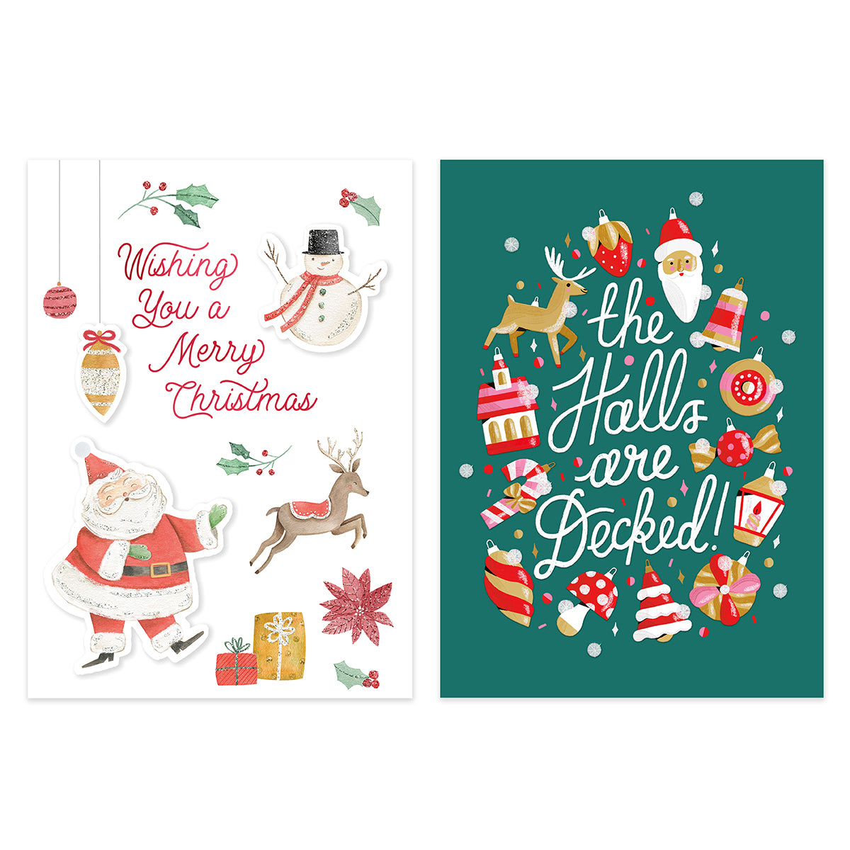Two Christmas-themed art prints shown side by side. The left print on a white background features illustrated Santa Claus, a snowman, a reindeer, ornaments, and the text 'Wishing You a Merry Christmas.