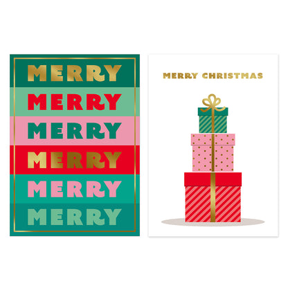 Two Christmas greeting cards shown side by side on a white background. The left card has the phrase 'MERRY CHRISTMAS' repeated in alternating gold, red, teal, pink, and light aqua blocks with a thin gold border.