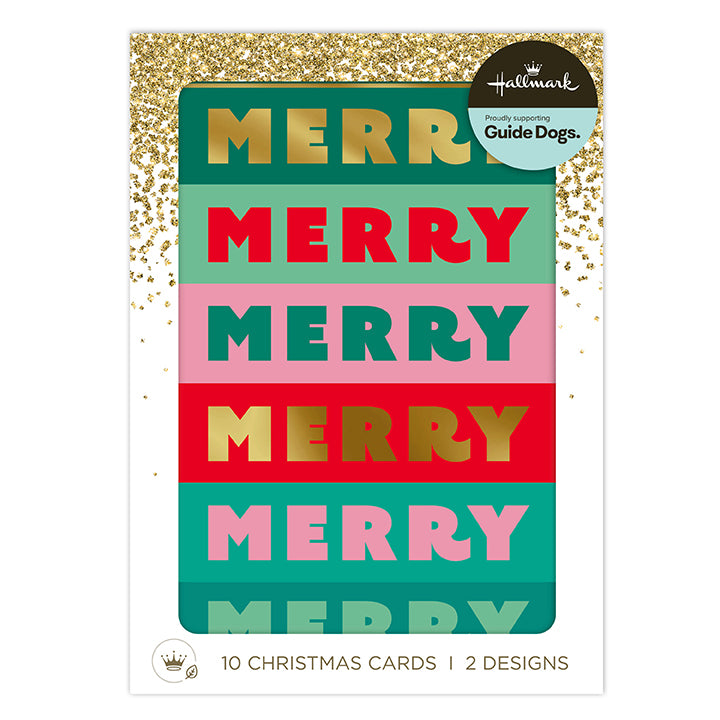 Hallmark Guide Dogs Christmas card set featuring stacked 'MERRY' text in gold, red, and teal on a white card with a gold glitter border.