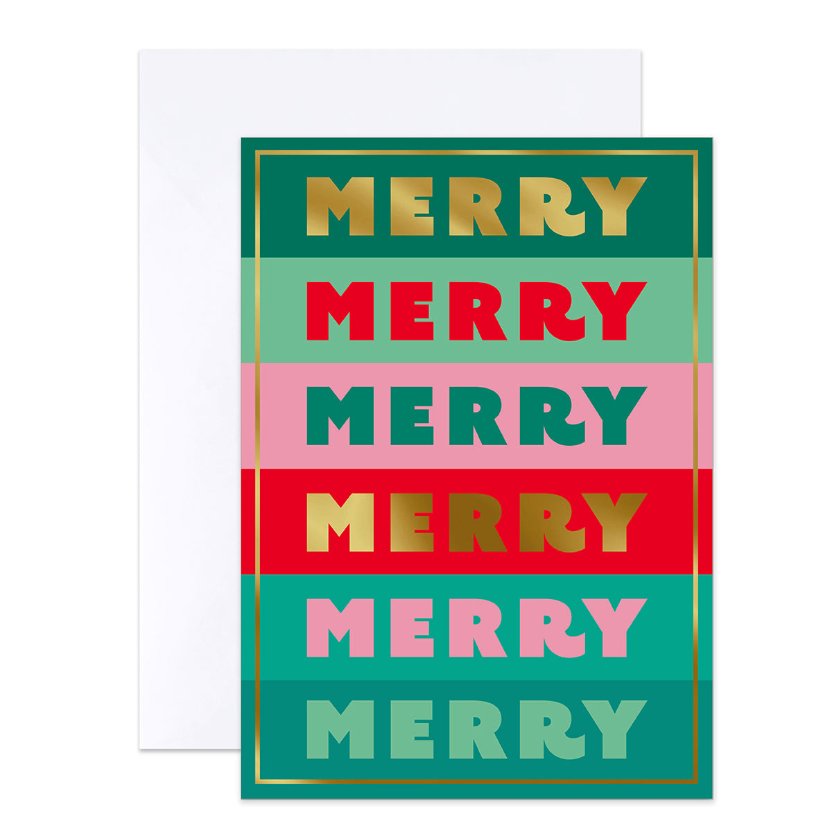 A festive greeting card with the word 'MERRY' repeated in alternating colors and metallic gold foil, shown in front of a plain white envelope on a white background.