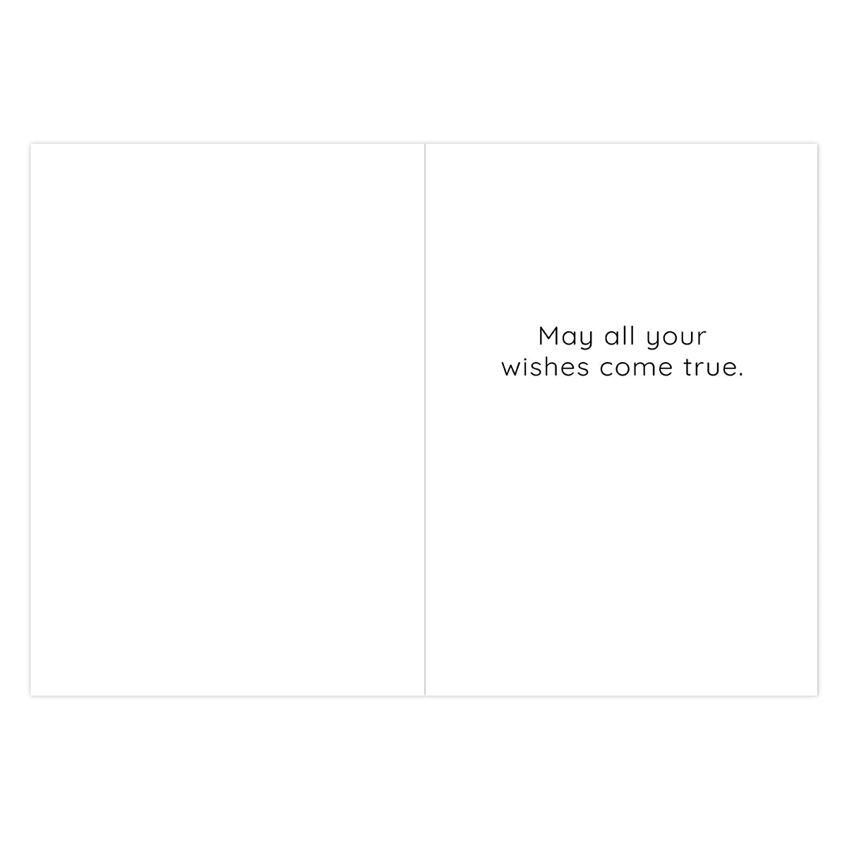 A blank greeting card layout with the phrase 'May all your wishes come true.' printed in small black text on the right side, shown on a white background.