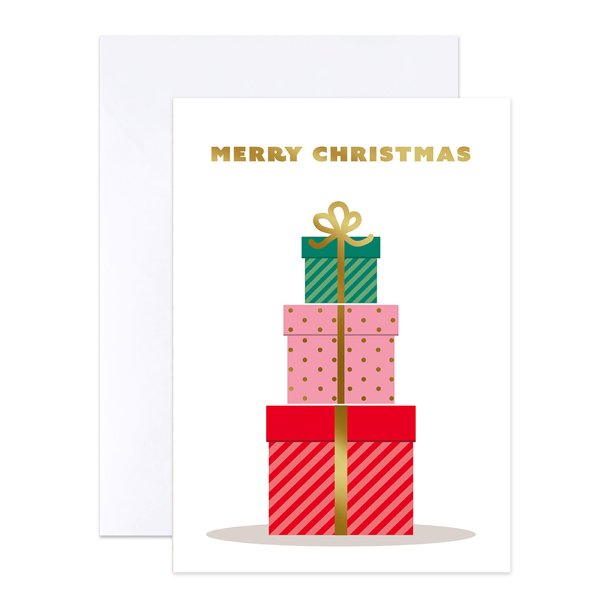A white Christmas greeting card with gold foil text reading 'MERRY CHRISTMAS' above a stack of three wrapped presents in red, pink, and green, shown with a white envelope behind it on a light gray background.