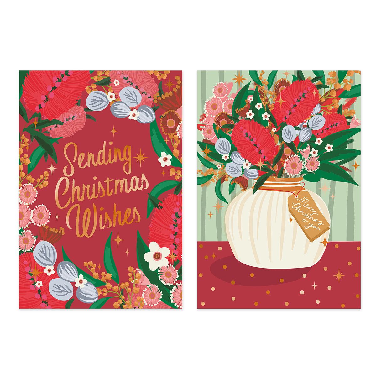 Two Christmas greeting cards shown side by side on a white background. The left card has a red background with gold script reading 'Sending Christmas Wishes' and is decorated with floral and bird illustrations.
