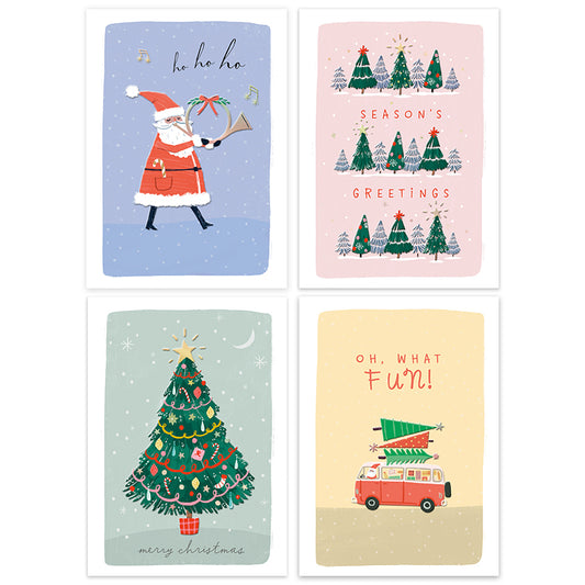 Four Christmas greeting cards arranged in a 2x2 grid. The top-left card shows Santa Claus in a red suit on a light blue background with the words 'ho ho ho'.