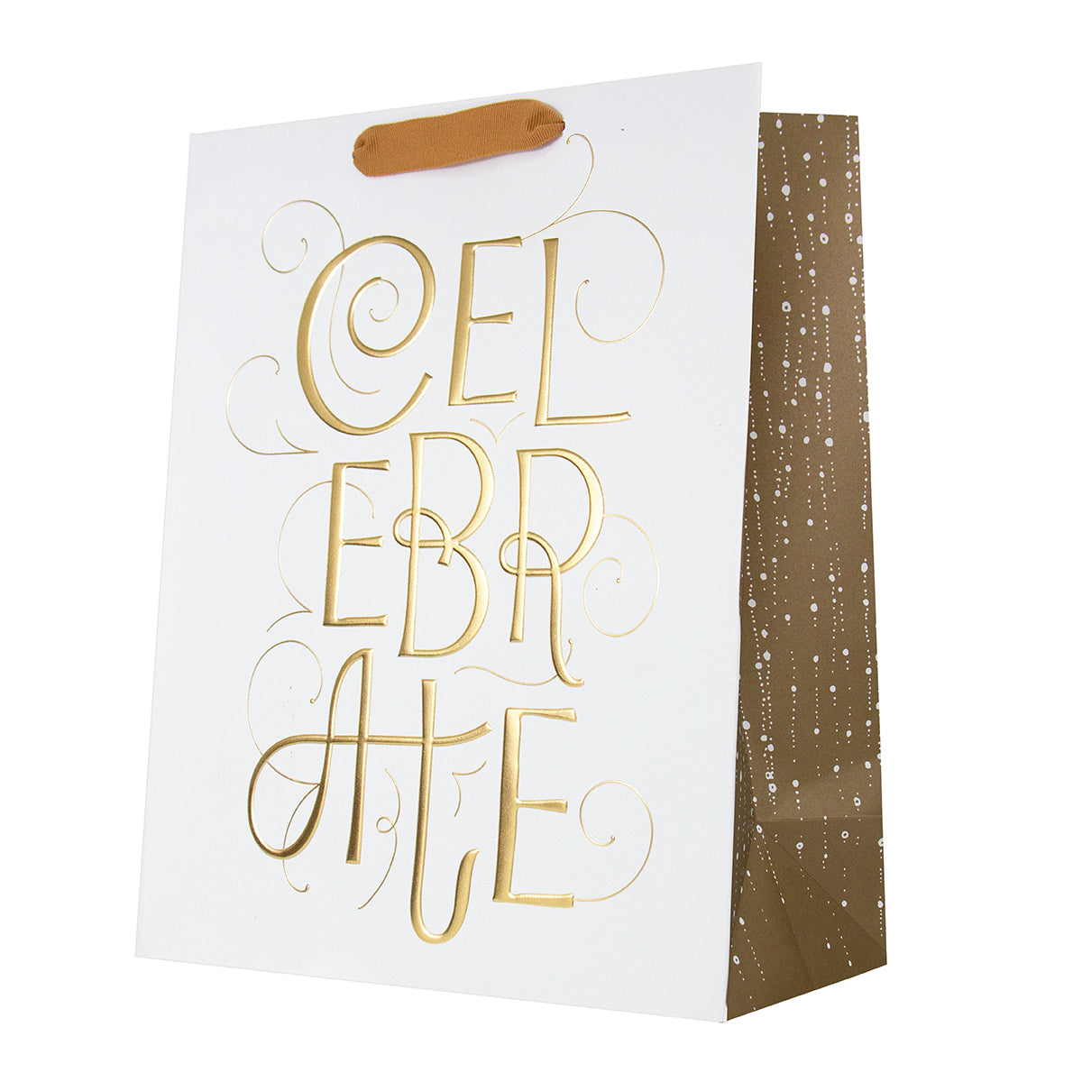 A white paper gift bag with a brown handle and a metallic gold foil script reading 'CELEBRATE' on the front. The side of the bag is brown with small white speckled confetti details, set against a plain white background.