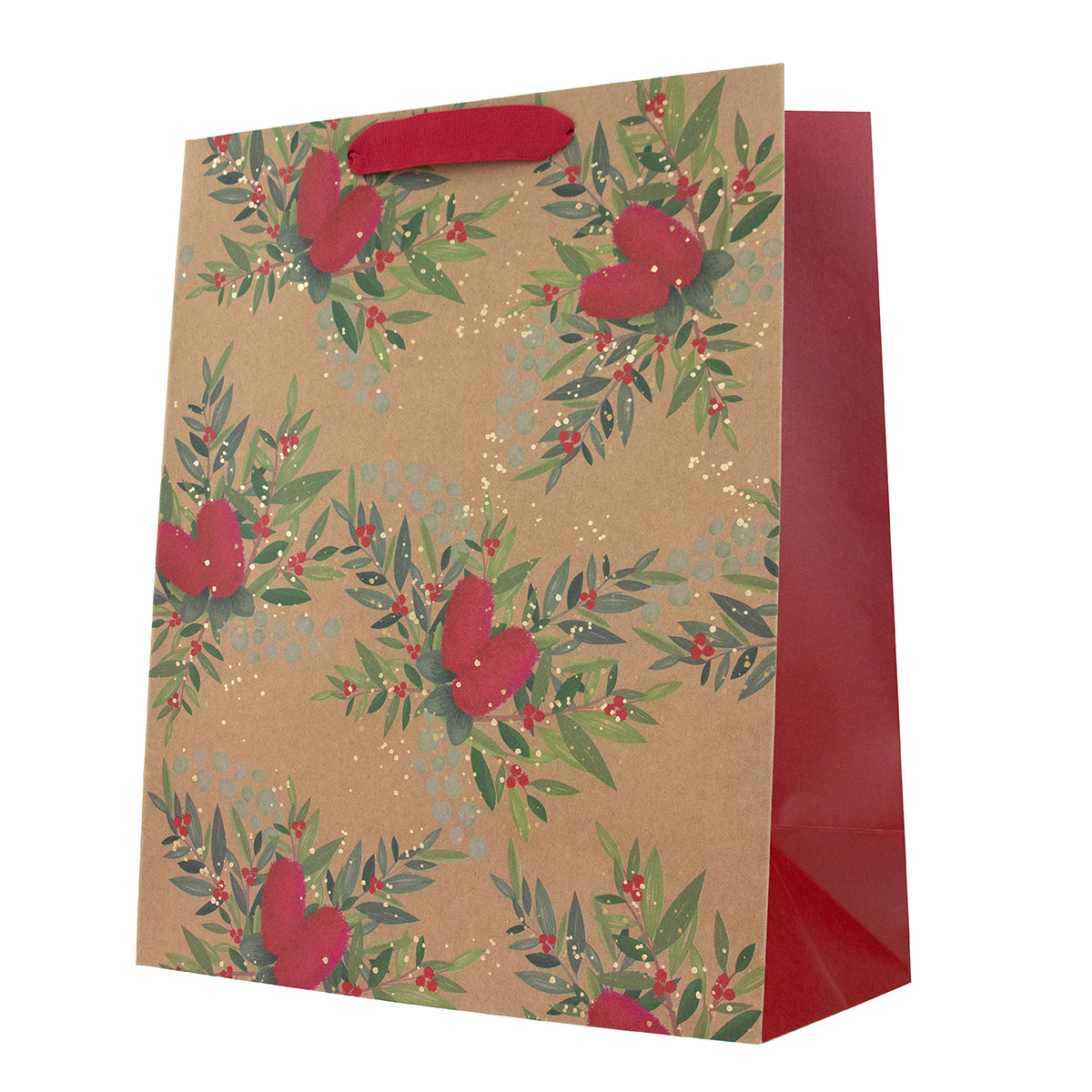 A brown kraft paper gift bag with a red handle, decorated with a green and red holly leaf pattern, and featuring a solid red inner side and base, shown on a white background.